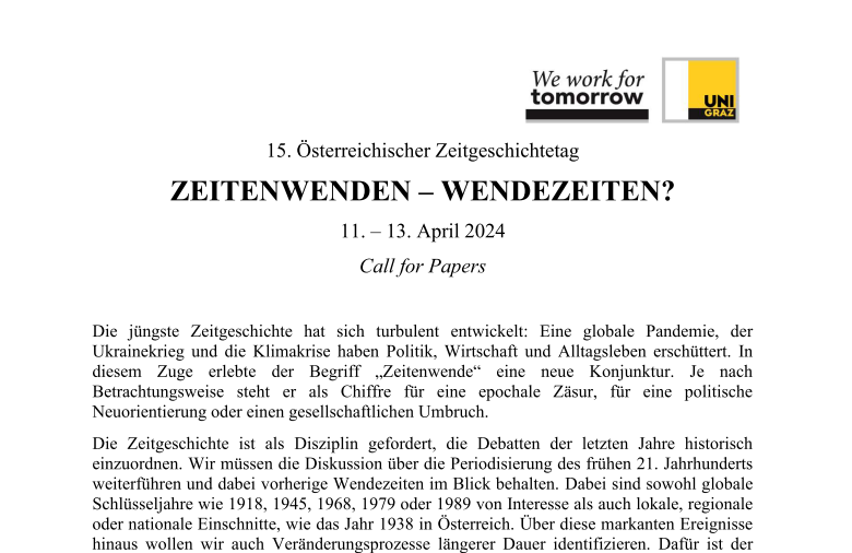 Call for Papers: 15. Österreichischer Zeitgeschichtetag 
